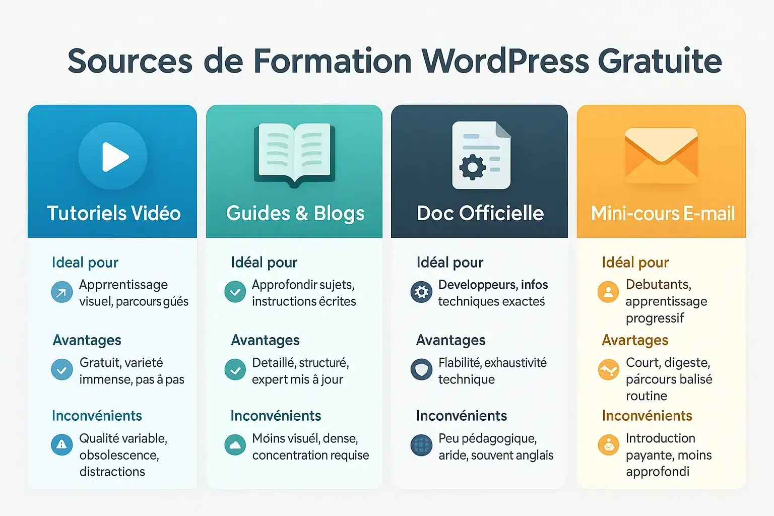 Illustration des différentes sources de formations WordPress gratuites