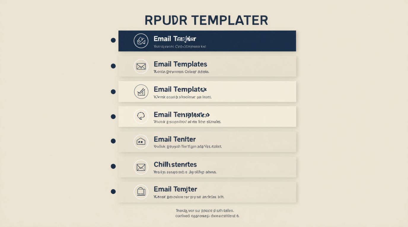 Newsletter Minimaliste : Templates Gratuits pour Coach 2025: Infographie épurée présentant 7 modèles d'e-mails sous forme de liste verticale, icônes minimalistes, palette de couleurs beige et bleu marine, typographie moderne sans empattement, design professionnel. »