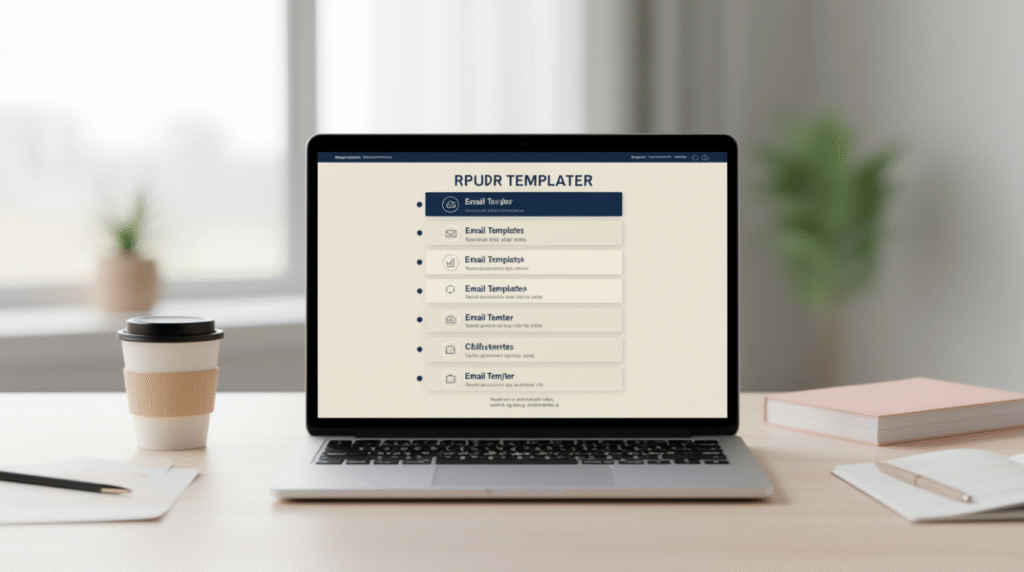 Newsletter Minimaliste : Templates Gratuits pour Coach 2025: « Maquette minimaliste d'une newsletter électronique sur l'écran d'un ordinateur portable, fond blanc épuré, couleurs pastel douces, style photographique professionnel, esthétique moderne de l'espace de travail, format 16:9 »