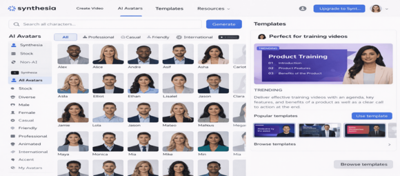 Catalogue d'avatars Synthesia et template de formation, meilleur outils ia