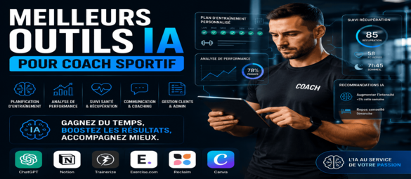 Illustration des meilleurs outils IA pour coach sportif avec analyse de performance, suivi santé, planification d’entraînement et applications de coaching digital.