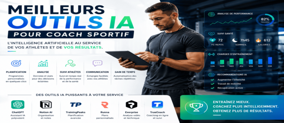 Infographie des meilleurs outils IA pour coach sportif avec suivi des athlètes, analyse de performance, programmes d’entraînement personnalisés et coaching intelligent.
