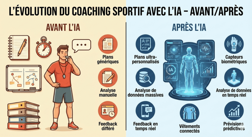 Infographie montrant l'évolution du coaching sportif avec l'IA - avant/après