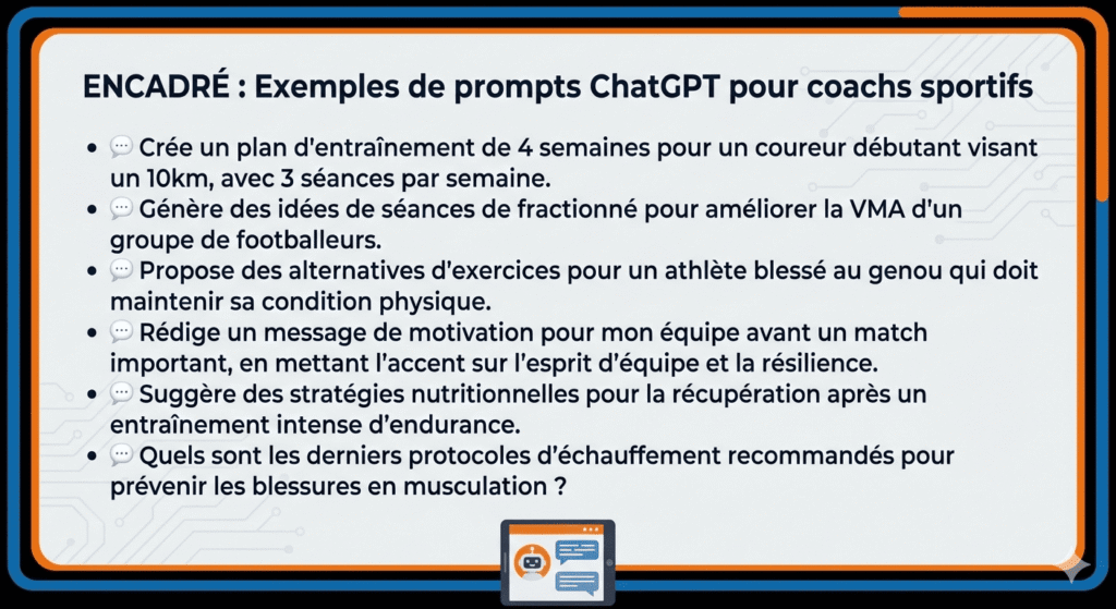 [ENCADRÉ : Exemples de prompts ChatGPT pour coachs sportifs]