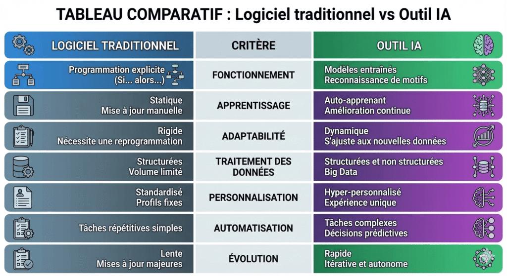 TABLEAU COMPARATIF : Logiciel traditionnel vs Outil IA