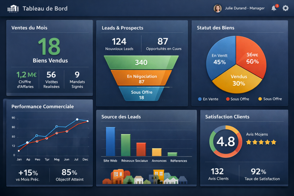 Dashboard IA agence immobilière avec graphiques de performance