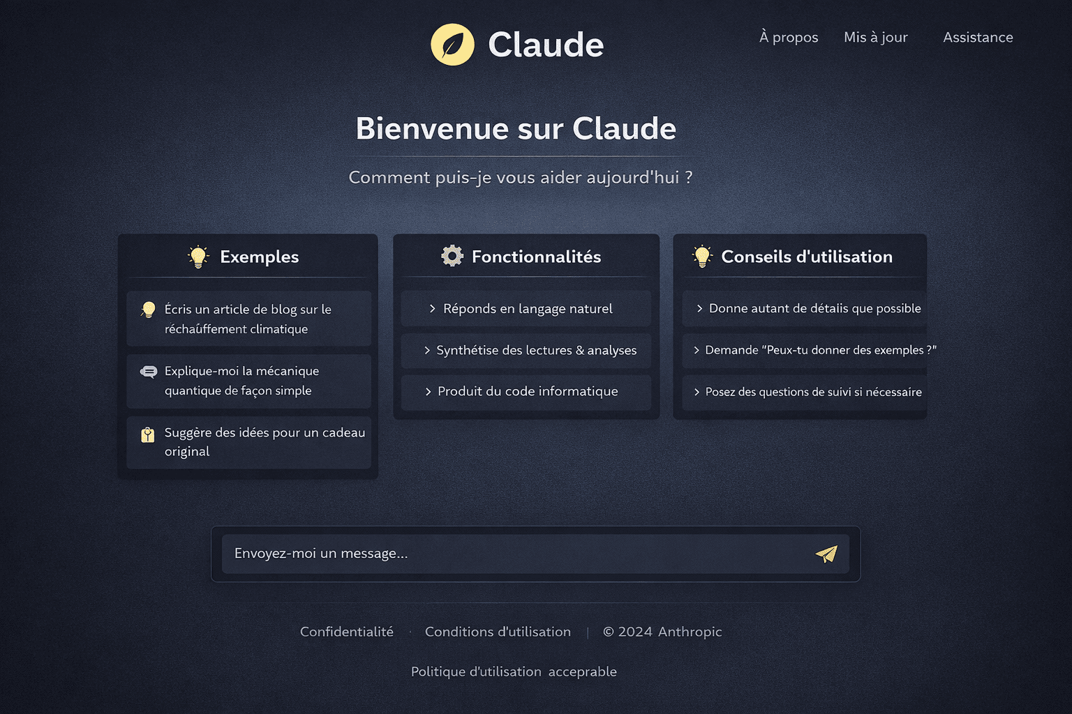 page d'accueil Claude ai