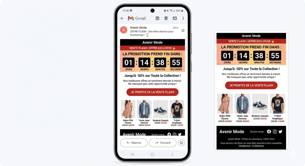 Exemple visuel d'un email de lancement produit minimaliste — Alt : "email lancement produit e-commerce exemple"]