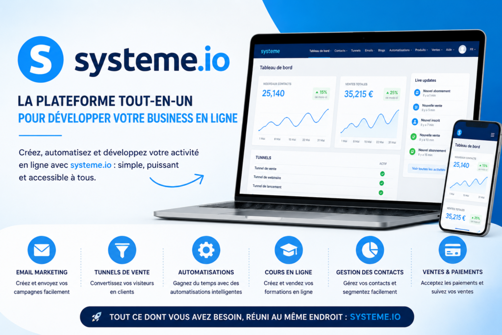 Illustration de la plateforme systeme.io affichant un tableau de bord marketing tout-en-un avec tunnels de vente, email marketing, automatisations et gestion des ventes en ligne.